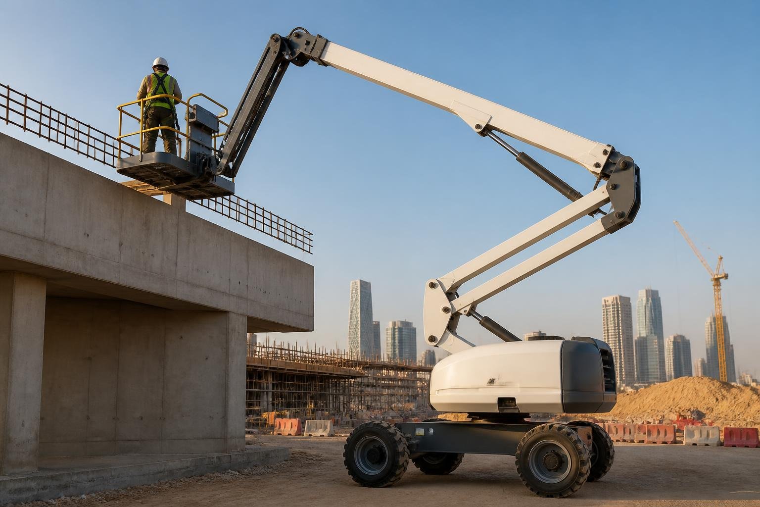 Articulating boom lift manlift with jib reaching up and over a concrete structure on a Riyadh construction site