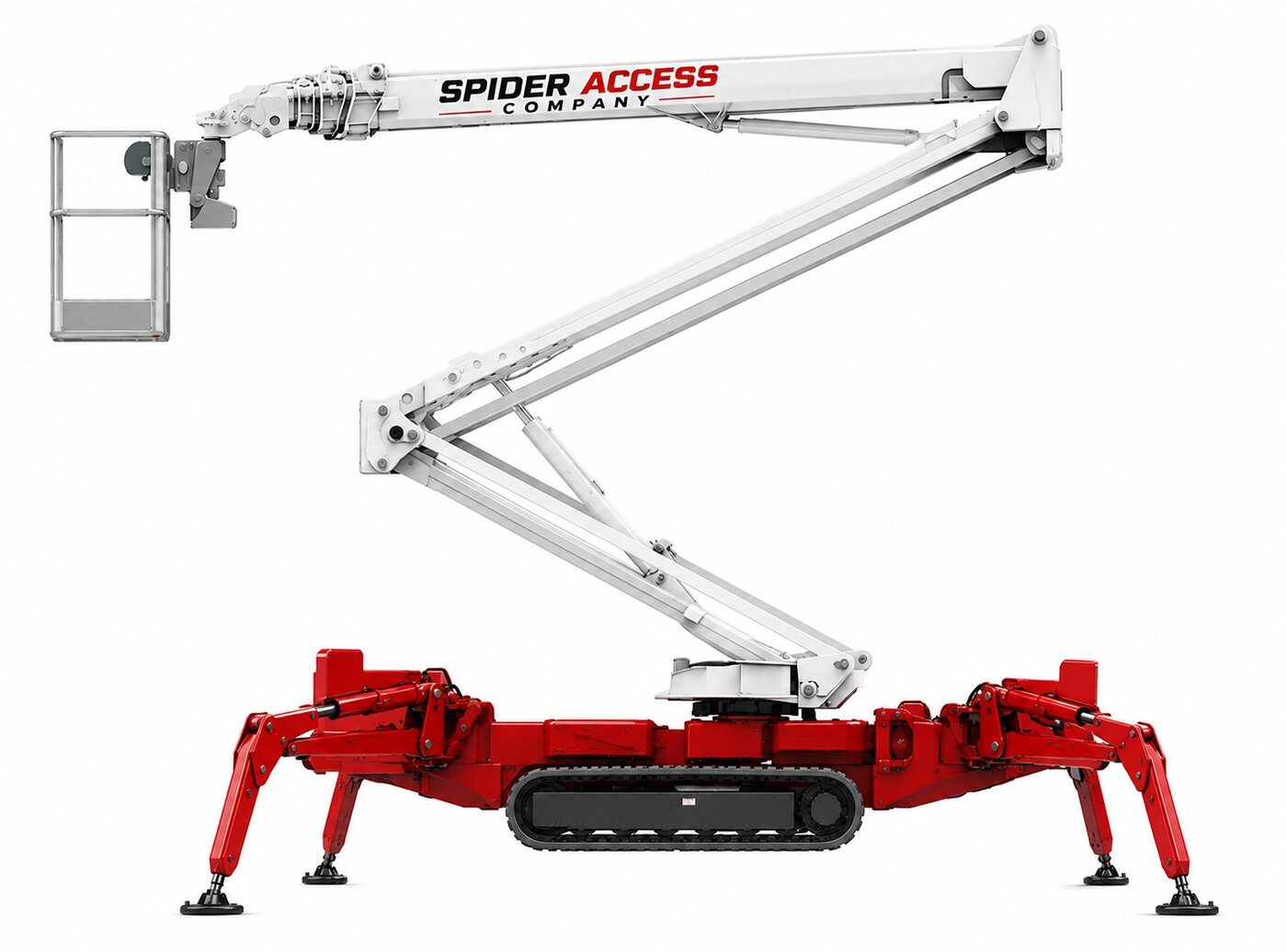 Aerial Spider Access Company tracked spider lift with red outriggers deployed and white articulated boom fully extended
