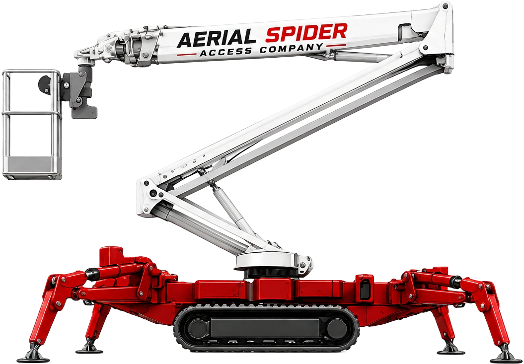 Aerial Spider Access Company spider lift for rent in Saudi Arabia — red tracked chassis with outriggers deployed and white articulated telescopic boom raised with work platform basket